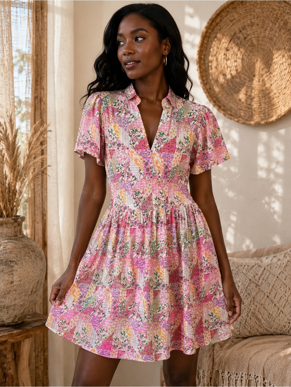 159🌟 Patchwork Floral Boho Dress NWT | Pink Cottagecore | Size Small